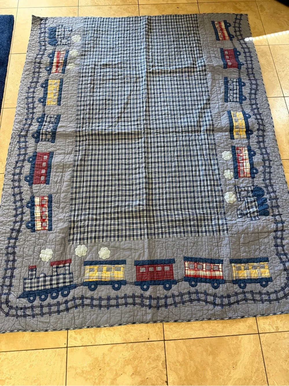 The Company Store CHOO-CHOO TRAINS Blue Red Plaid Chambray Kid Twin Quilt 83x63”